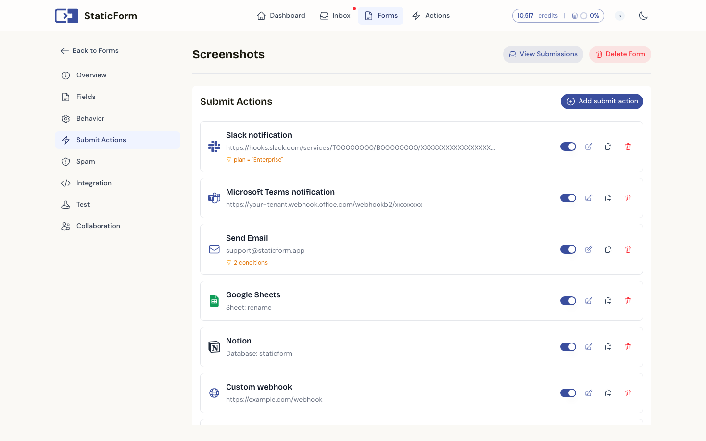 Notificatie-acties in StaticForm