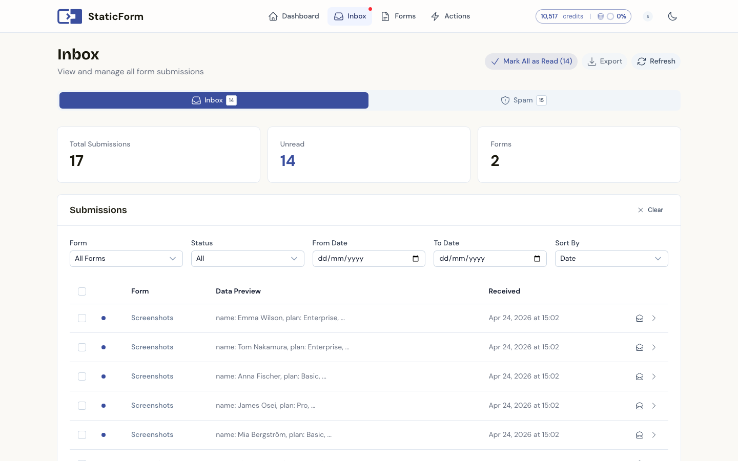 Inzendingen inbox in StaticForm